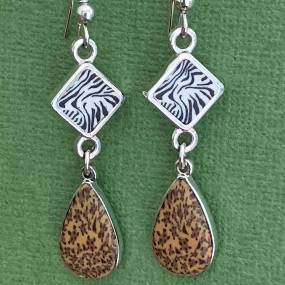 Unique Zebra & Speckled Teardrop Dangle Earrings - White Black and Brown